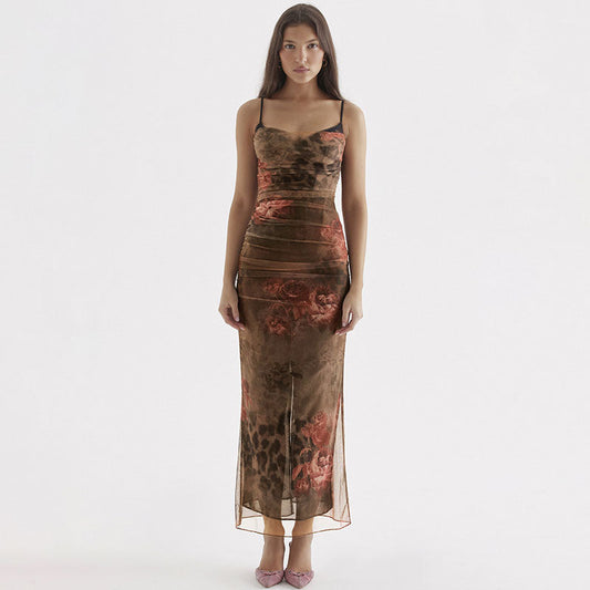 Vintage Blumendruck Mesh Corsage Bodycon Maxikleid - Braun