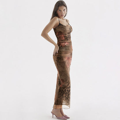 Vintage Blumendruck Mesh Corsage Bodycon Maxikleid - Braun