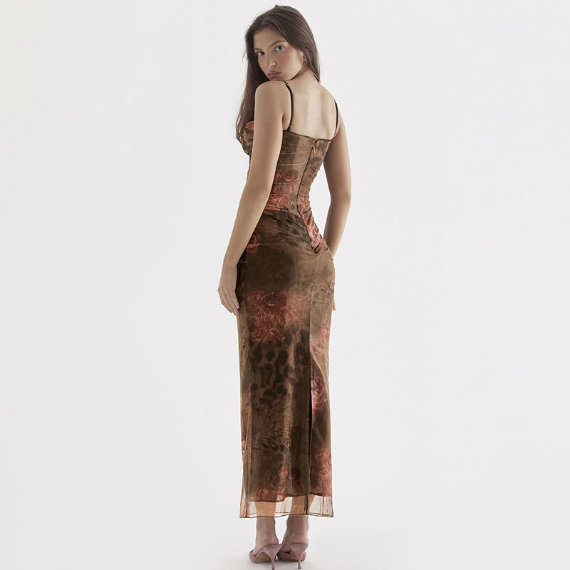Vintage Blumendruck Mesh Corsage Bodycon Maxikleid - Braun
