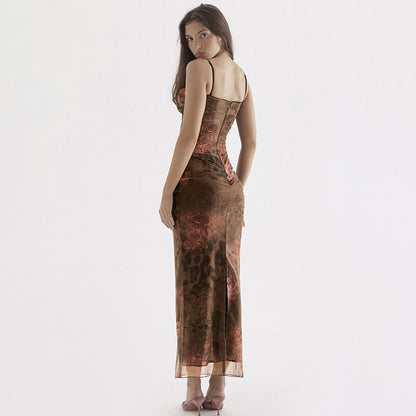 Vintage Blumendruck Mesh Corsage Bodycon Maxikleid - Braun
