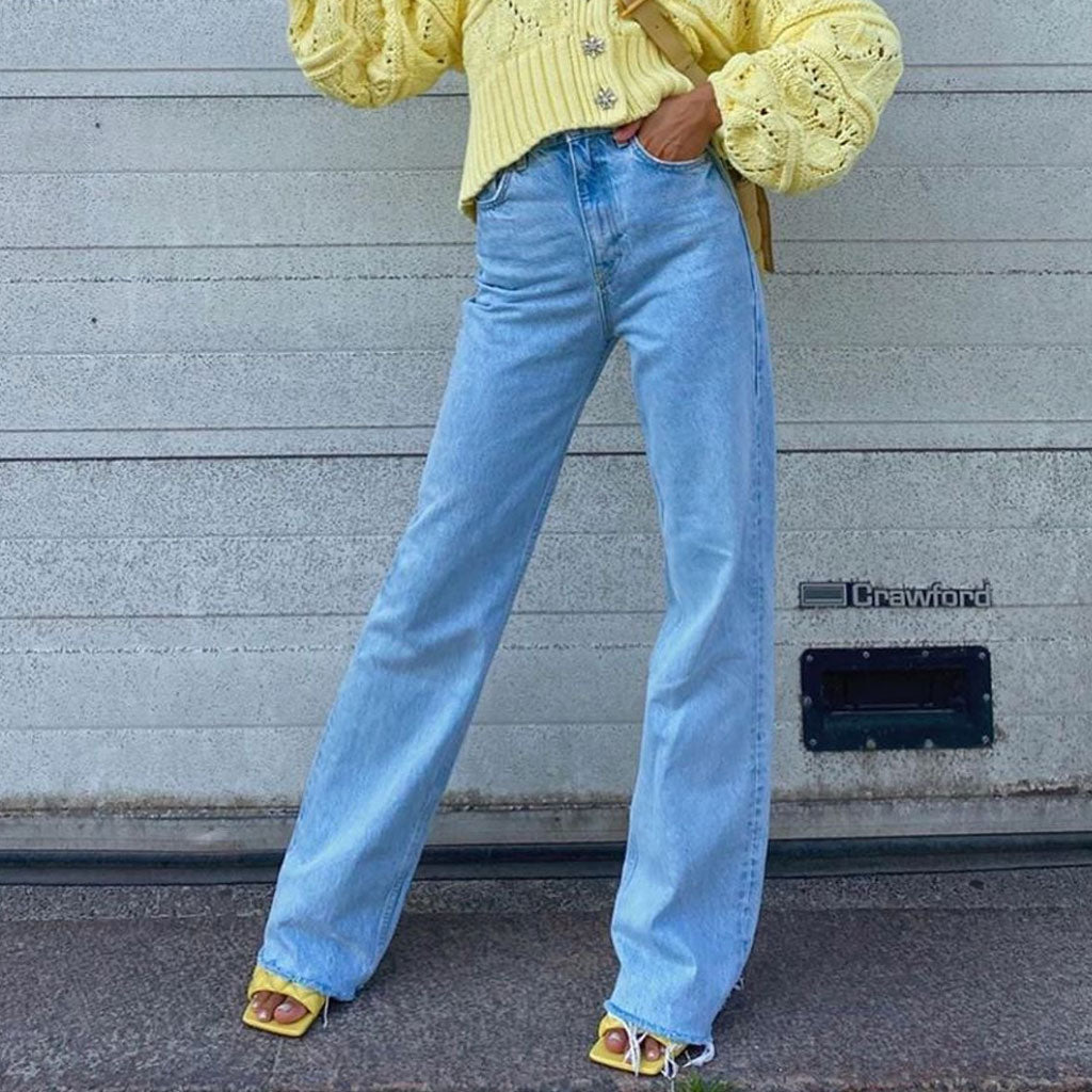 Retro High Waist Jeans Mit Zerrissenen Kanten Und Weitem Bein - Dunkelblau