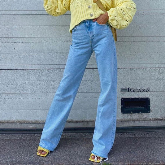 Retro High Waist Jeans Mit Zerrissenen Kanten Und Weitem Bein - Dunkelblau
