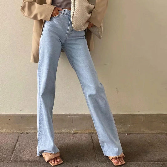 Vintage Jeans Mit Geradem Schnitt Und Hoher Taille İn Hellblau Mit Umschlag