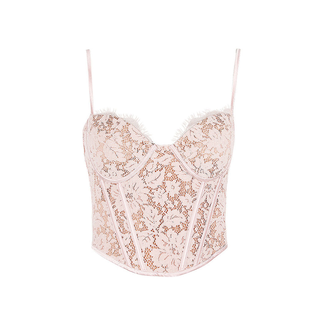 Vintage Spitze Satin Spaghettiträger Herzausschnitt Crop Top - Pink