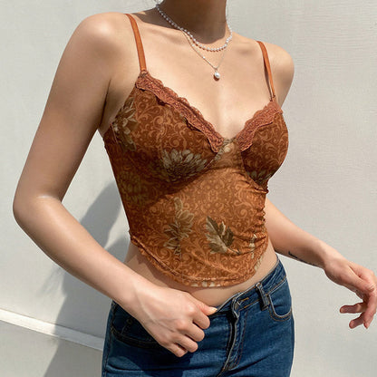 Retro Spitze Herzförmiger Ausschnitt Blumenmuster Transparentes Mesh Kurzes Crop Top - Braun