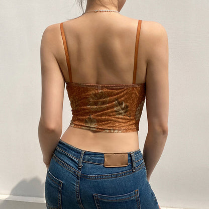 Retro Spitze Herzförmiger Ausschnitt Blumenmuster Transparentes Mesh Kurzes Crop Top - Braun