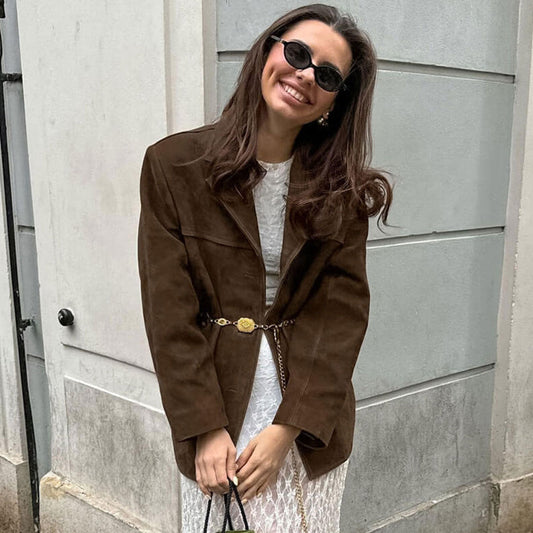 Retro Oversize Blazer Mit Knöpfen Und Langen Ärmeln Aus Wildlederimitat – Reverskragen