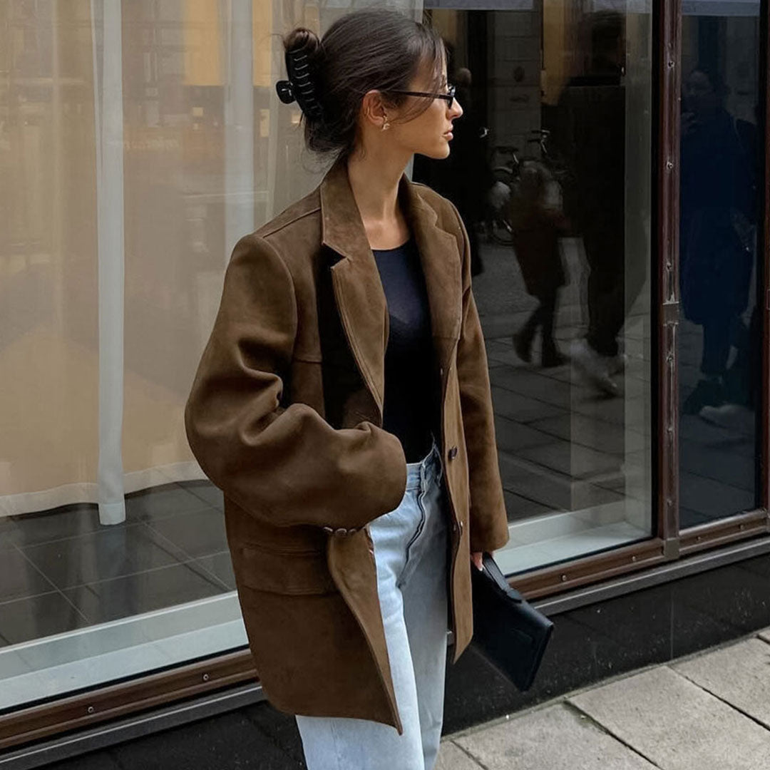 Retro Oversize Blazer Mit Knöpfen Und Langen Ärmeln Aus Wildlederimitat – Reverskragen