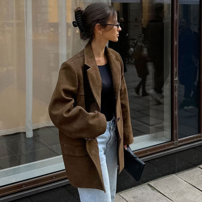 Retro Oversize Blazer Mit Knöpfen Und Langen Ärmeln Aus Wildlederimitat – Reverskragen