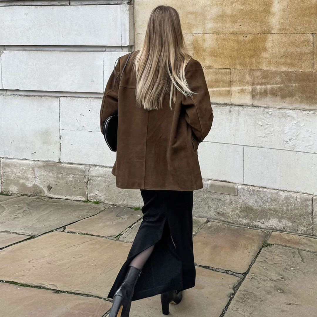 Retro Oversize Blazer Mit Knöpfen Und Langen Ärmeln Aus Wildlederimitat – Reverskragen