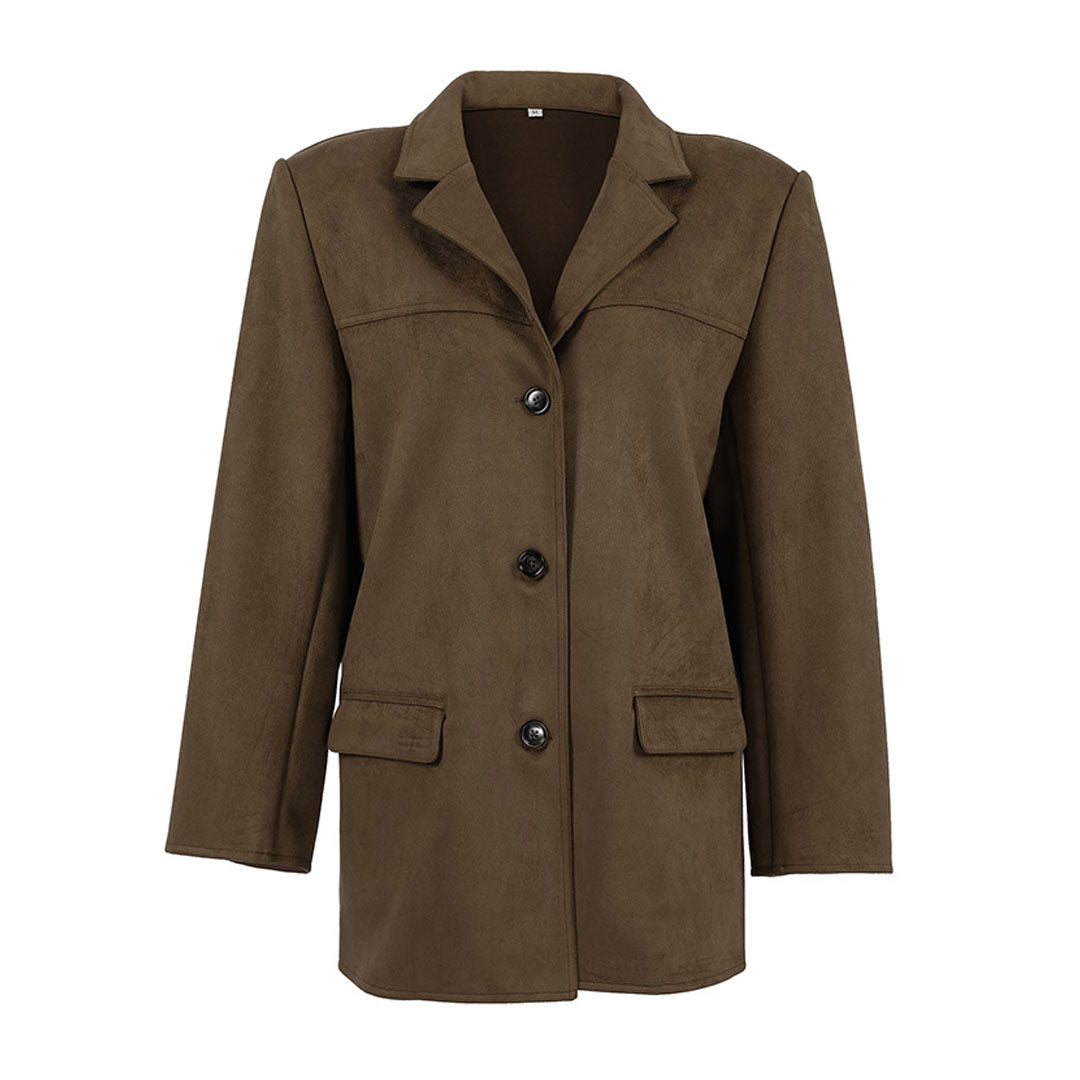 Retro Oversize Blazer Mit Knöpfen Und Langen Ärmeln Aus Wildlederimitat – Reverskragen