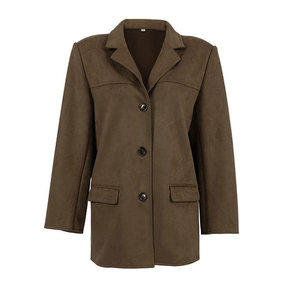 Retro Oversize Blazer Mit Knöpfen Und Langen Ärmeln Aus Wildlederimitat – Reverskragen