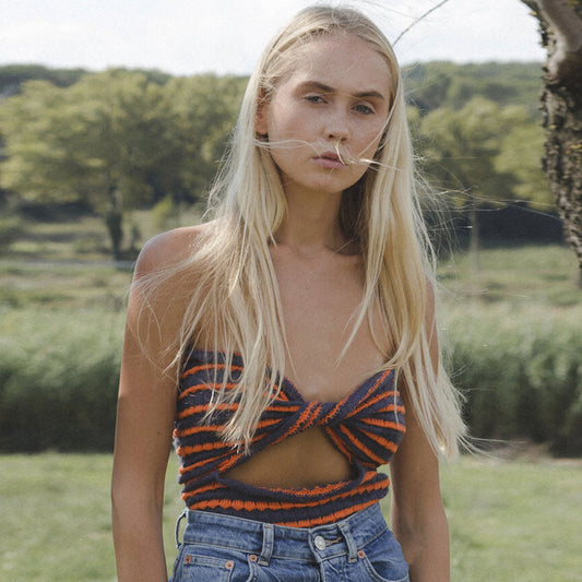 Trägerloses Crop Top İm Retro-Stil Mit Streifen - Orange
