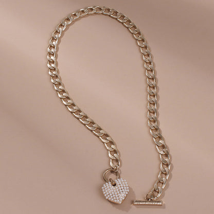 Vintage Stil Dicke Kette Perlen-Look Schwellung Herz Charm Halskette - Gold