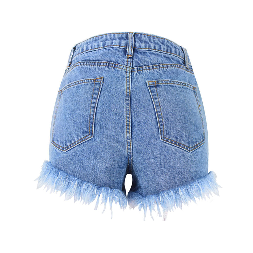 Retro High Waist Jeansshorts İn Verblasstem, Zerrissenem Blau