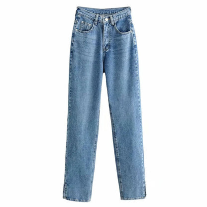 Jeans İm Vintage-Stil Mit Hoher Taille Und Geradem Bein – Dunkelblau, Seitenschlitz-Detail