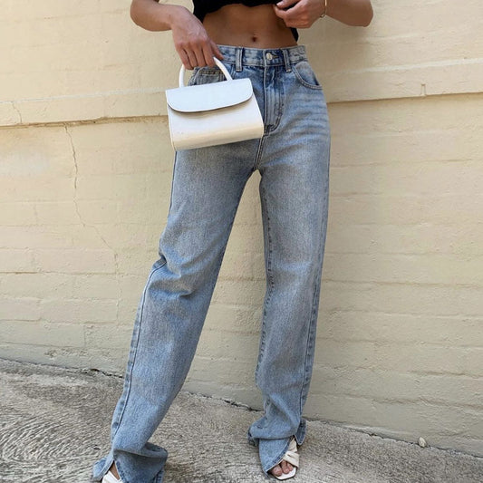 Hellblaue Jeans Mit Schlitz Und Geradem Bein İm Vintage-Stil Mit Hoher Taille