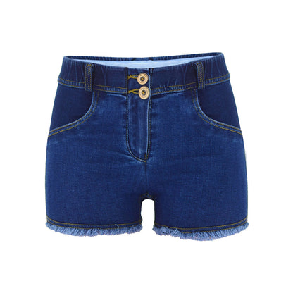 Retro Style Low Waist Ripped Denim Shorts - Dunkelblau