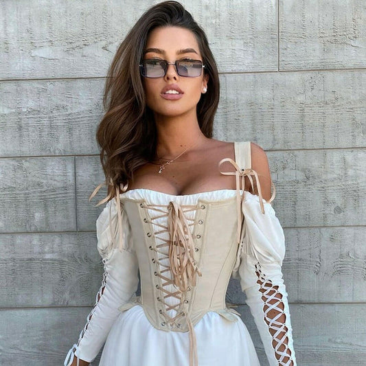 Korsett-Oberteil İm Vintage-Stil Mit Bauschigem Rand Und Spitzendetail - Aprikosenfarbe